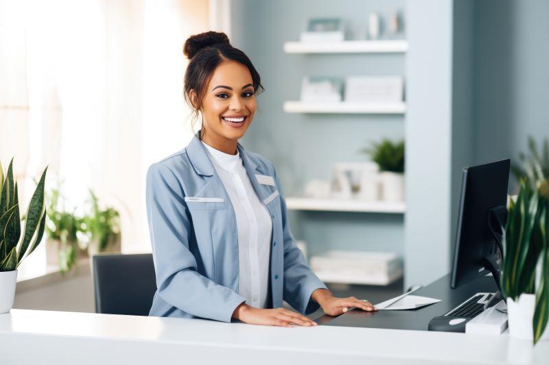 Friendly dental team member behind desk