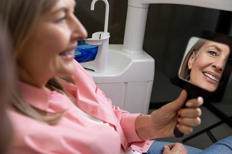 Happy patient looking at her smile in mirror